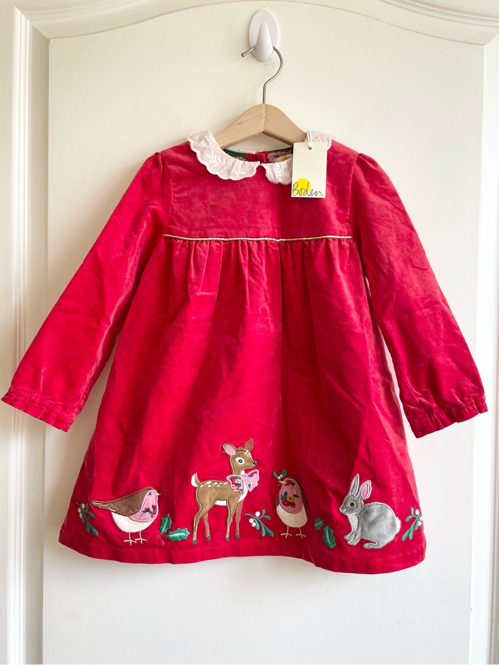 Mini Boden Red Velvet Christmas Dress Woodland Animal Print Size 2-3Y